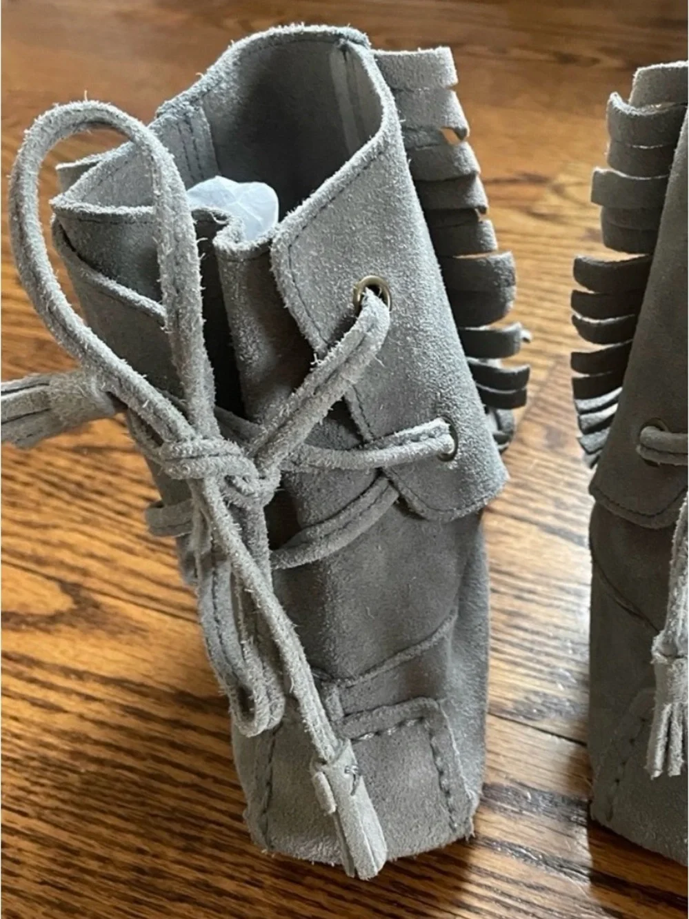 Boho J. CREW Moccasins SIENNA Shoes Suede Leather Vintage Gray Fringed Size 7.5
